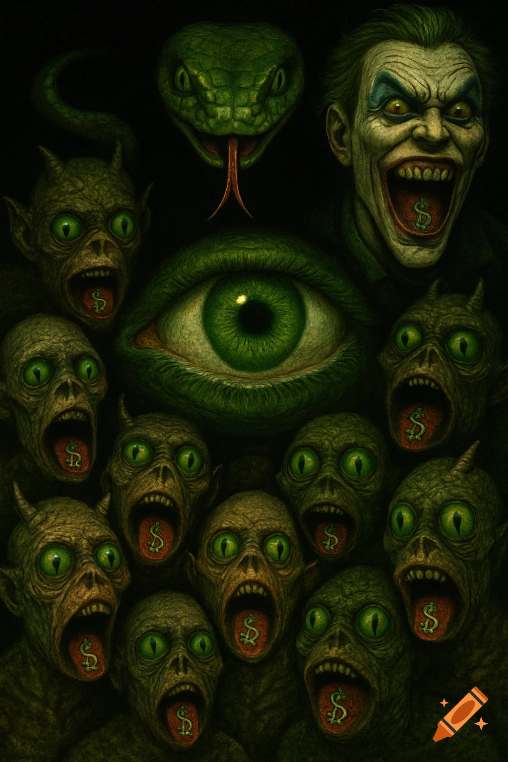 Dark, surreal art featuring a large green eye, a snake head, a Joker-like face, and multiple grotesque creatures with dollar signs on their tongues.