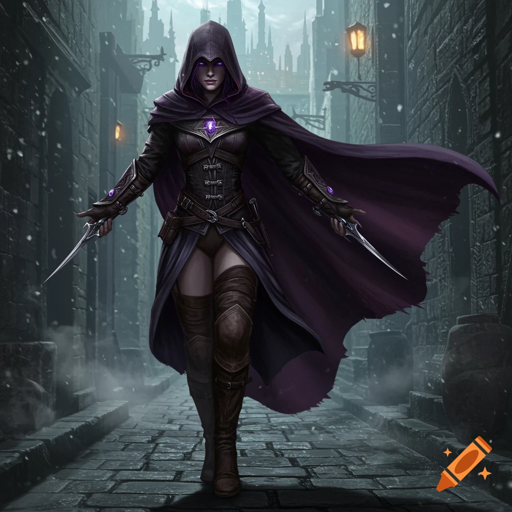 A hooded female assassin in purple cloak and leather armor with glowing eyes, wielding daggers in a dark, snowy medieval alley.