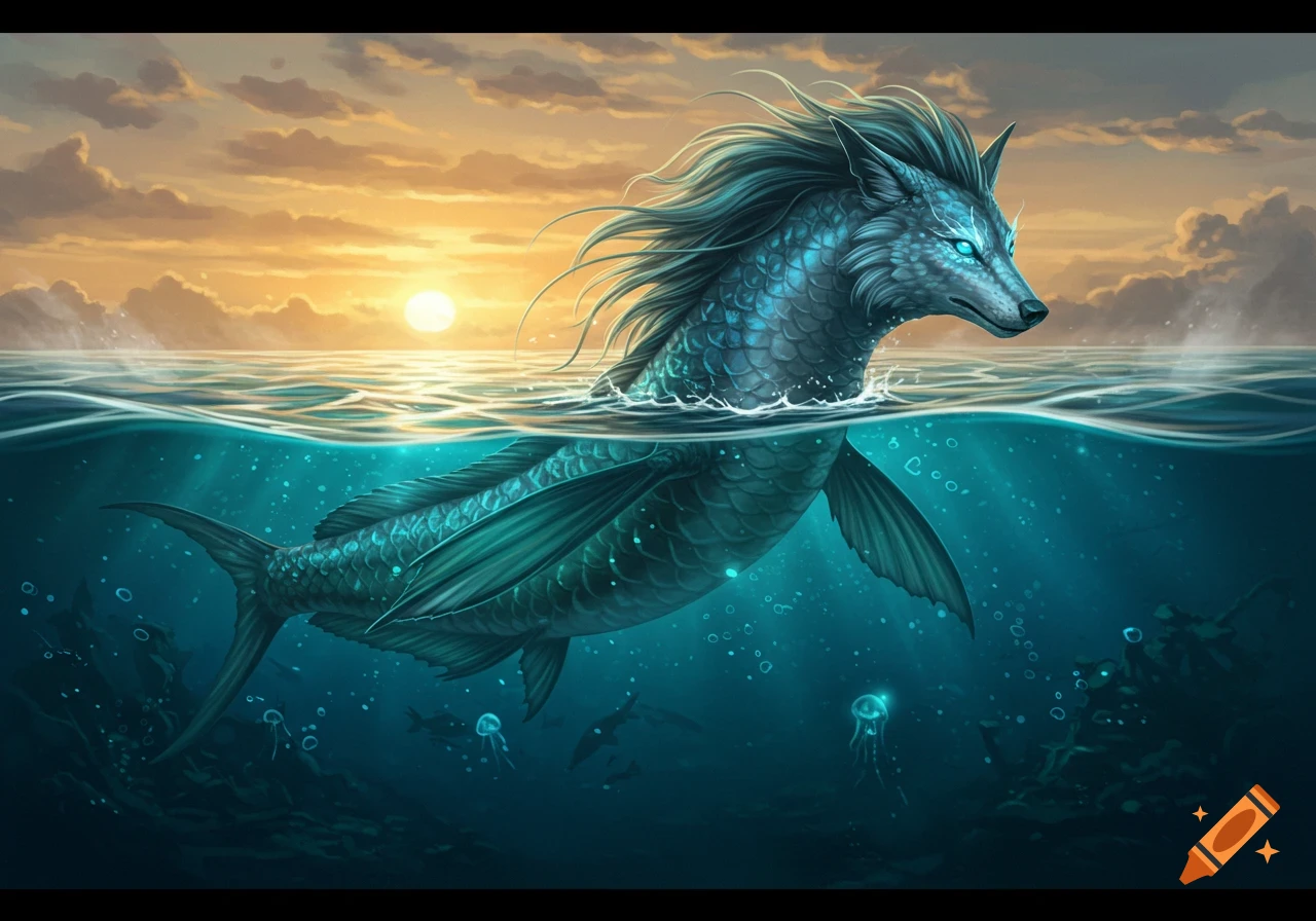 A mythological wolf-fish creature emerges from ocean water at sunset.