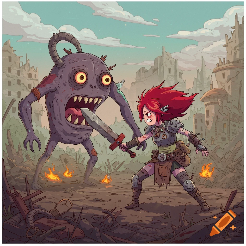 A red-haired raider girl in armor wields a sword against a large, purple, one-eyed monster in a ruined city, in a cartoon style.