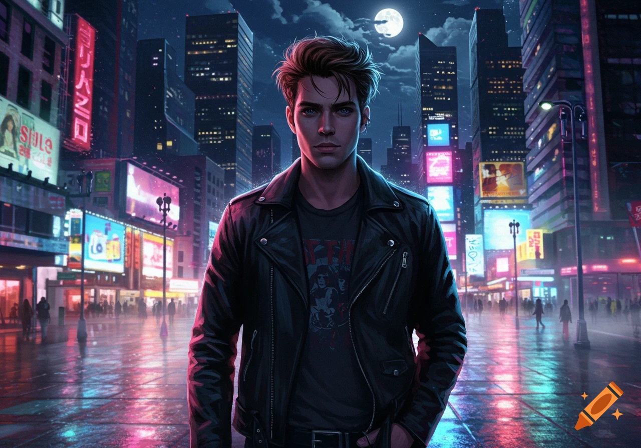 A young man in a leather jacket stands in a neon-lit futuristic city at night with a full moon.
