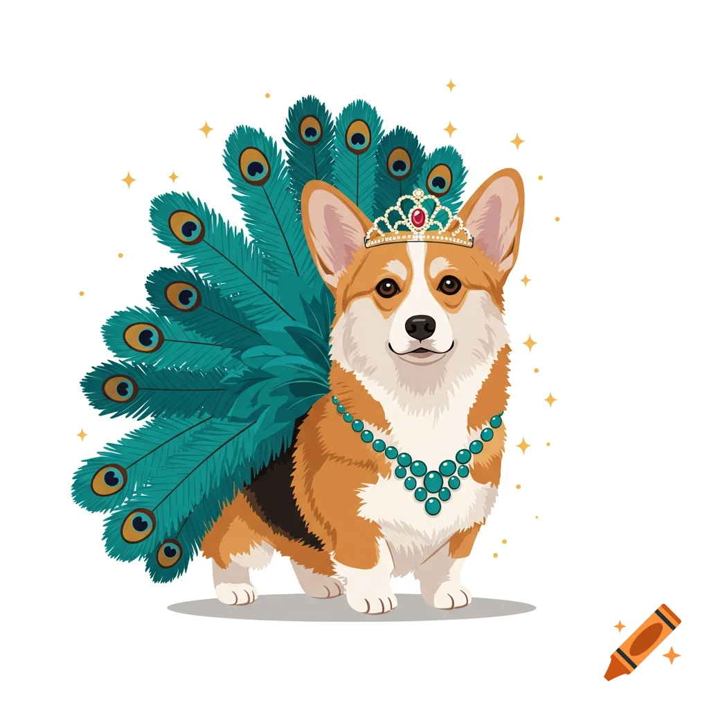 An illustration of a cute corgi dog in a showgirl costume with large peacock feathers, a crown, and turquoise necklace.