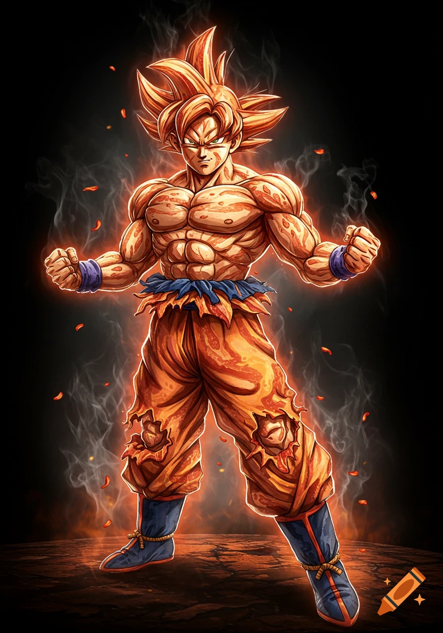 A muscular Goku with spiky orange hair glows with energy, surrounded by smoke and embers, standing against a dark background.