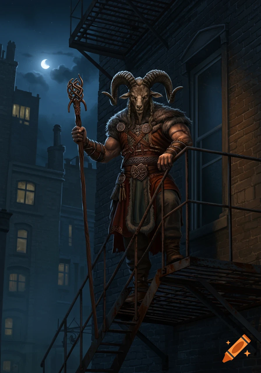 A strong goat-headed creature with horns and a fur-trimmed Viking outfit stands on a city fire escape at midnight, holding a staff.