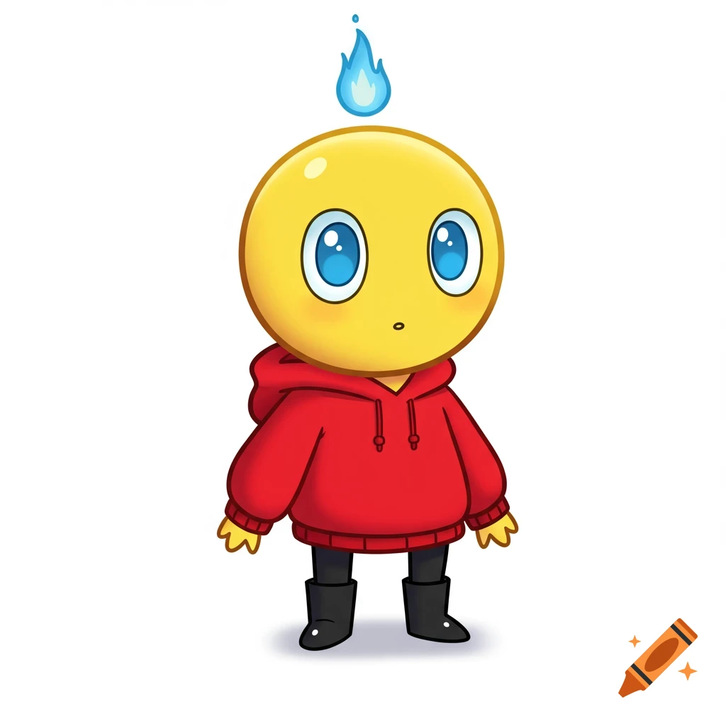 A cartoon character with a yellow head, blue eyes, and a blue flame on its head, wearing a red hoodie and black boots, on a white background.