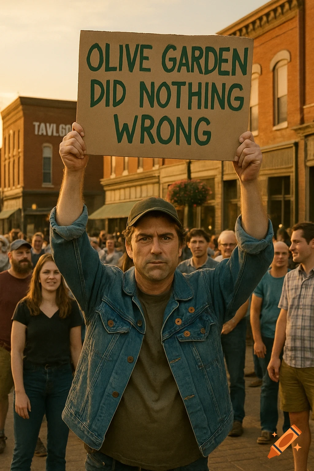 A man in a denim jacket and cap holds a 'Olive Garden did nothing wrong' sign over his head during a street protest.