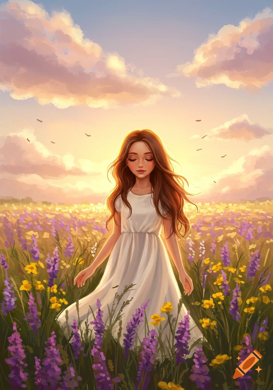 A young girl with long brown hair stands in a vibrant field of purple and yellow flowers at sunset, in an illustrative style.