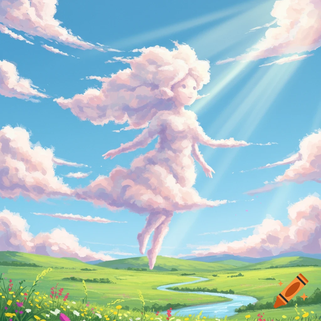 A dreamy illustration of a girl made of pink clouds floating in a blue sky above a vibrant green landscape with a river and wildflowers.