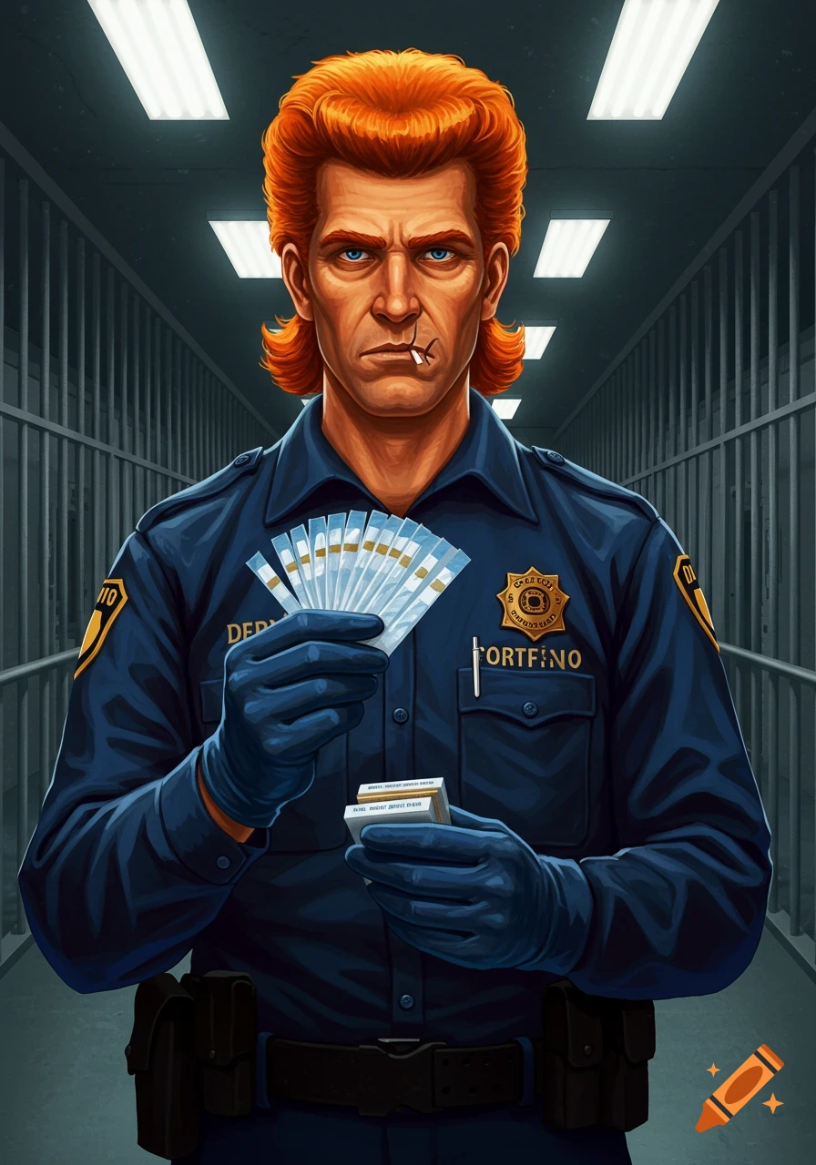 A stylized portrait of a serious correctional officer with orange hair and a mullet, holding clear nicotine strips and a small box in a prison hallway.