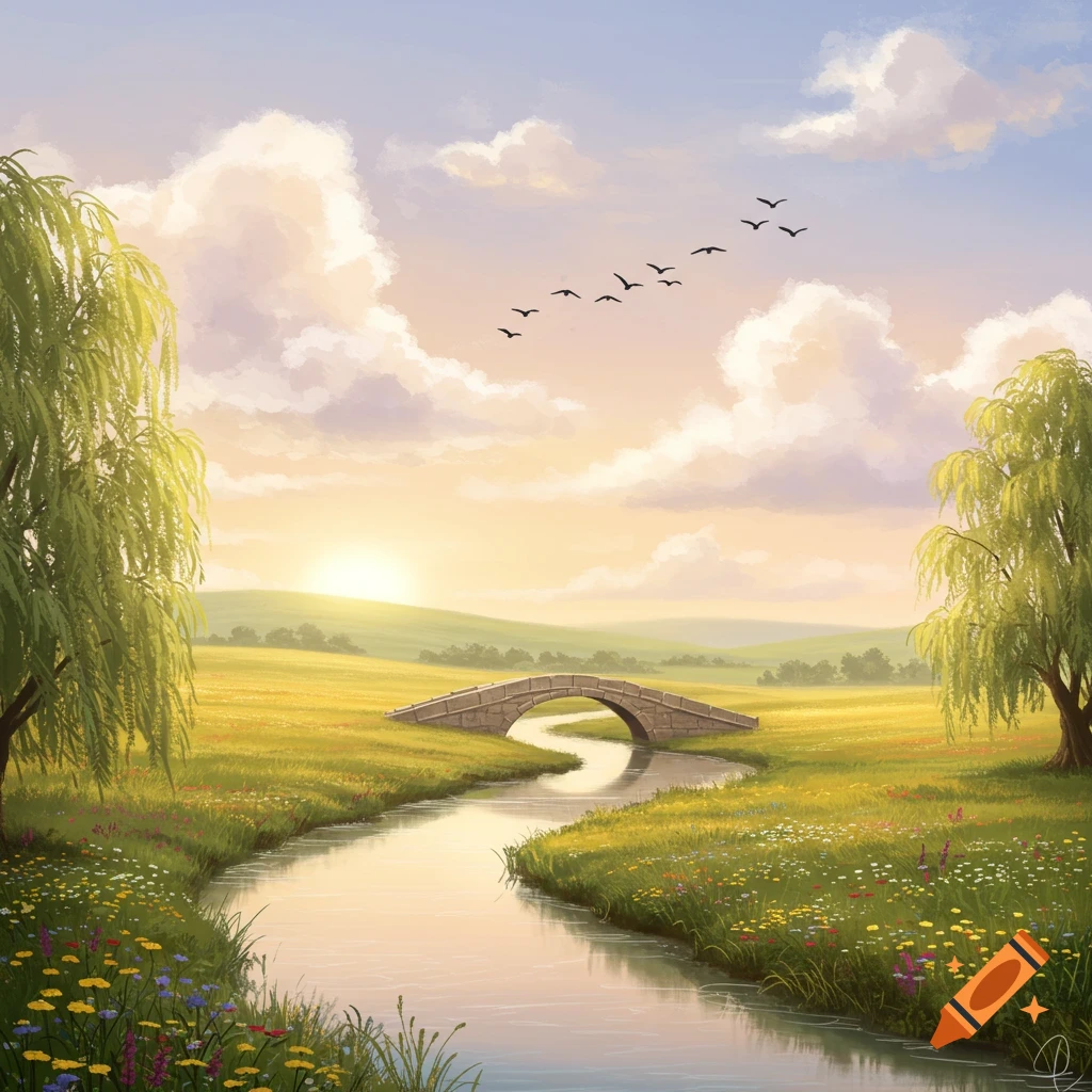 A serene landscape illustration featuring a winding river flowing under a stone bridge, surrounded by green fields and trees, with a bright sky.