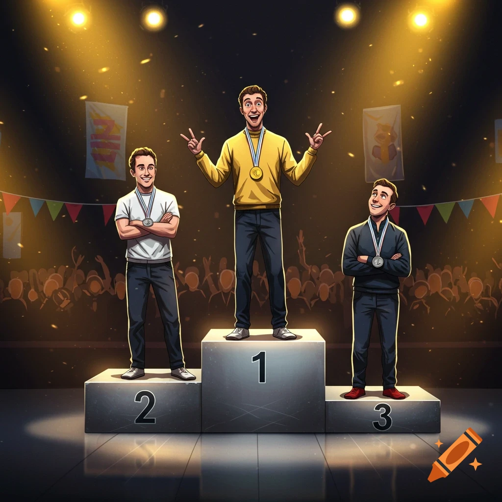 Three men on a winner's podium with 1st, 2nd, and 3rd place, in a cartoon illustration style.