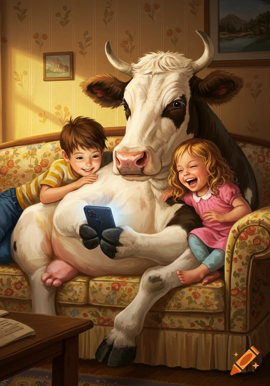 A large black and white cow sits on a floral couch between a smiling boy and a laughing girl, all looking at a glowing cell phone held by the cow.