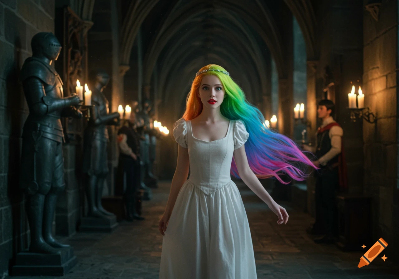 A photorealistic young woman with rainbow hair in a white dress walks through a candlelit castle hallway.