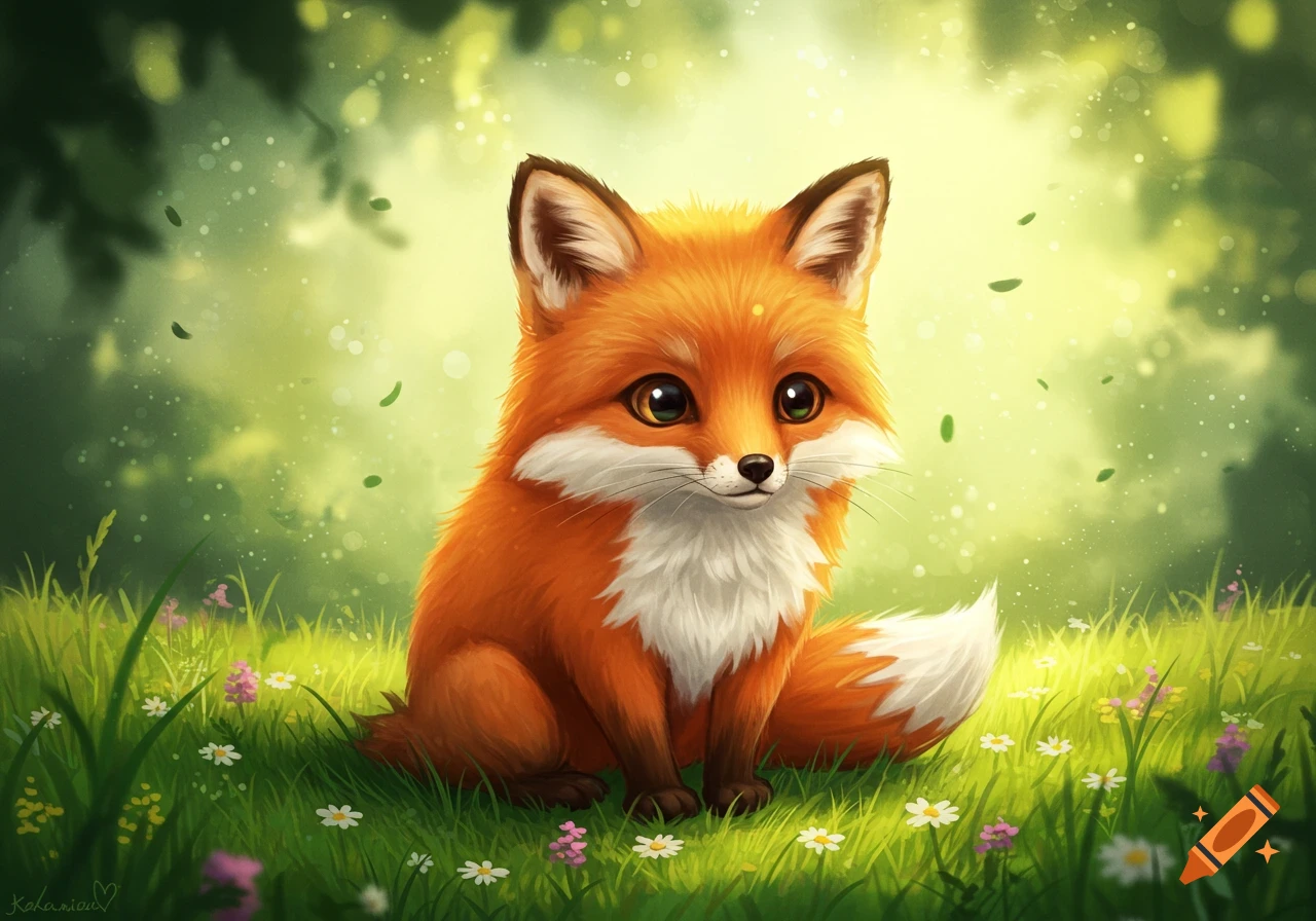 A cute, fluffy orange fox with a big head and small feet sits in a lush green field with white and purple flowers, surrounded by sparkling particles.