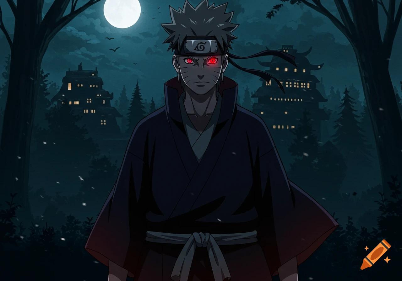 An anime character resembling Naruto with red eyes and a dark outfit stands in a moonlit forest before traditional buildings.