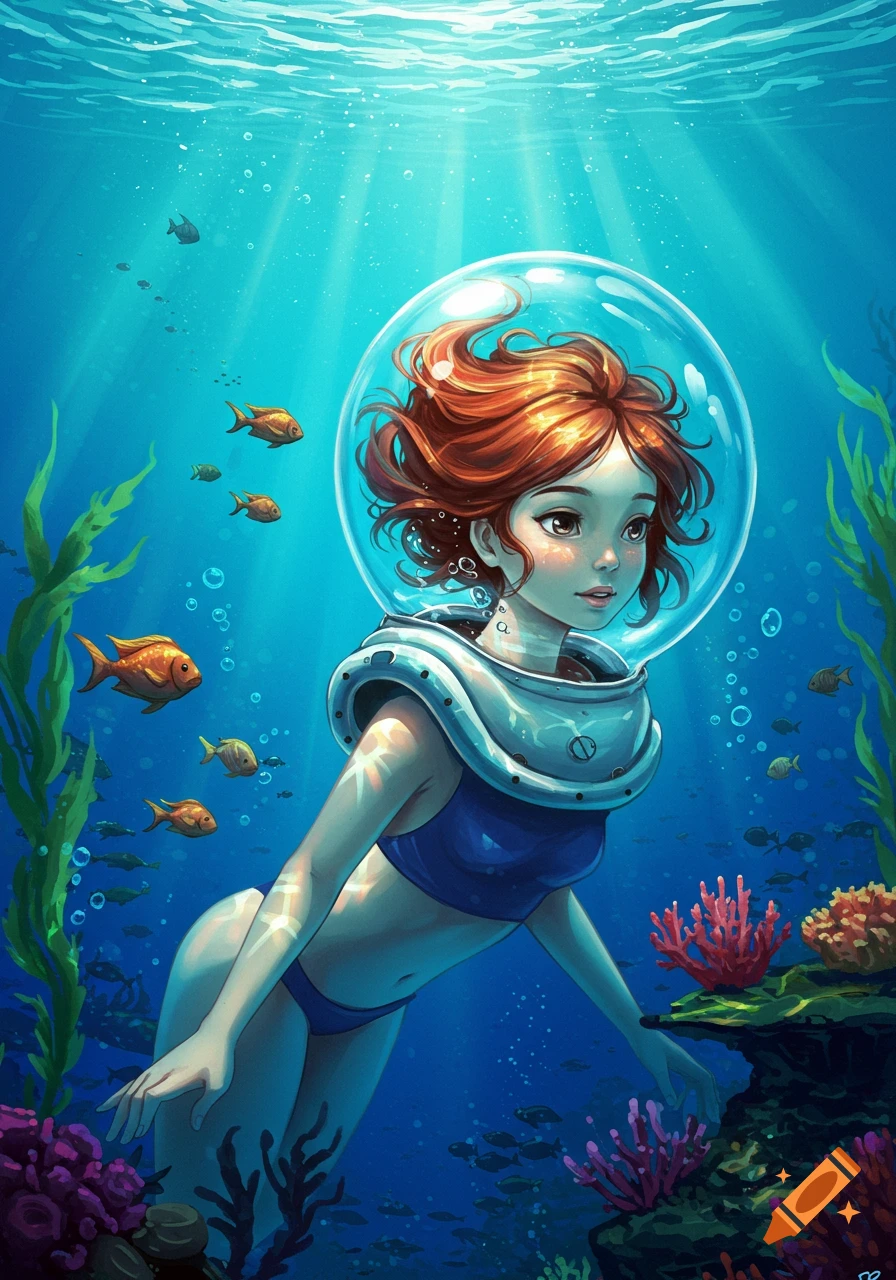 A stylized illustration of a red-haired girl in a blue bikini and bubble helmet swimming underwater among coral and fish, with sun rays from the surface.