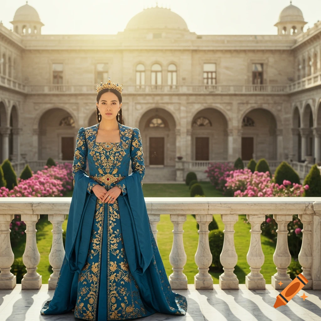 Photorealistic empress in an ornate teal and gold gown on a palace balcony, with a grand building and garden.