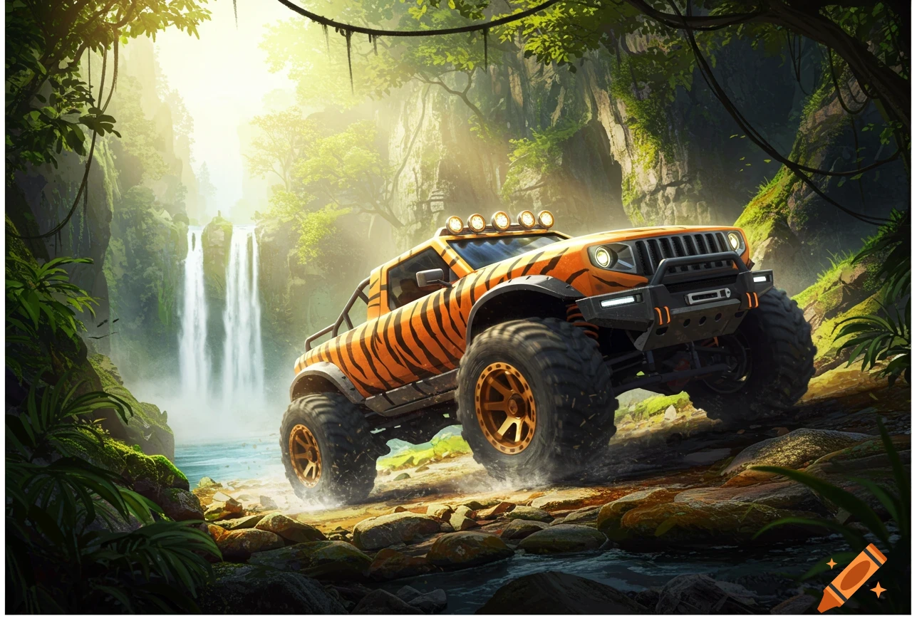 Orange tiger-striped off-road truck drives through a river in a lush jungle with sunny waterfalls in the background.