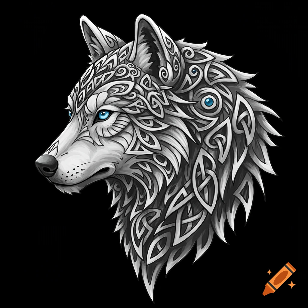 A stylized white wolf head with intricate Celtic knot patterns and blue eyes on a black background, in a 2D tattoo design.