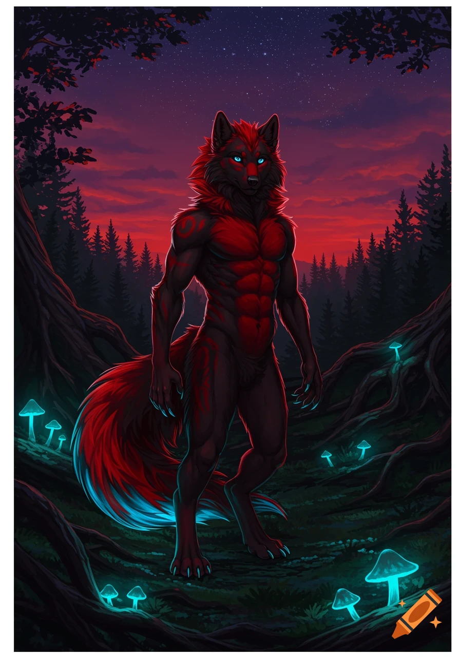 A red and black wolf-like furry creature with blue eyes stands in a dark fantasy forest with glowing mushrooms under a red and purple night sky.