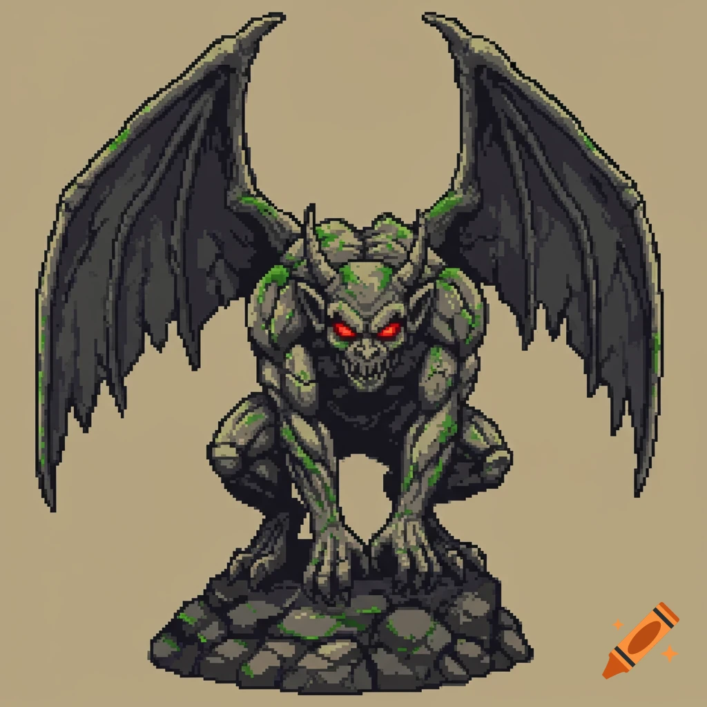 8-bit pixel art illustration of a crouched gray gargoyle monster with glowing red eyes, jagged wings, and mossy patches, on a rocky base.