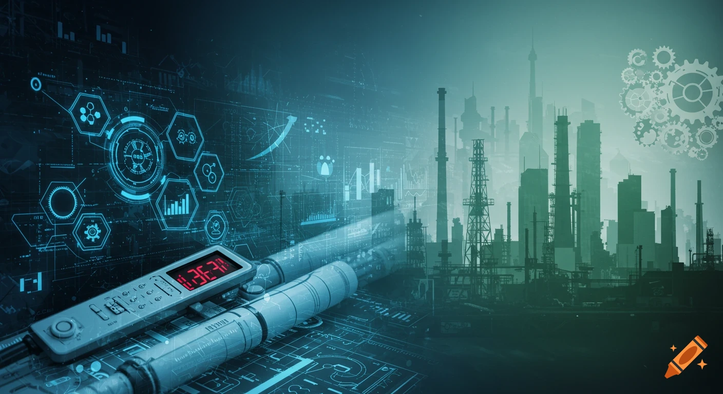 Close-up of a futuristic measuring device with a red digital readout, against an industrial cityscape and blue tech interface.