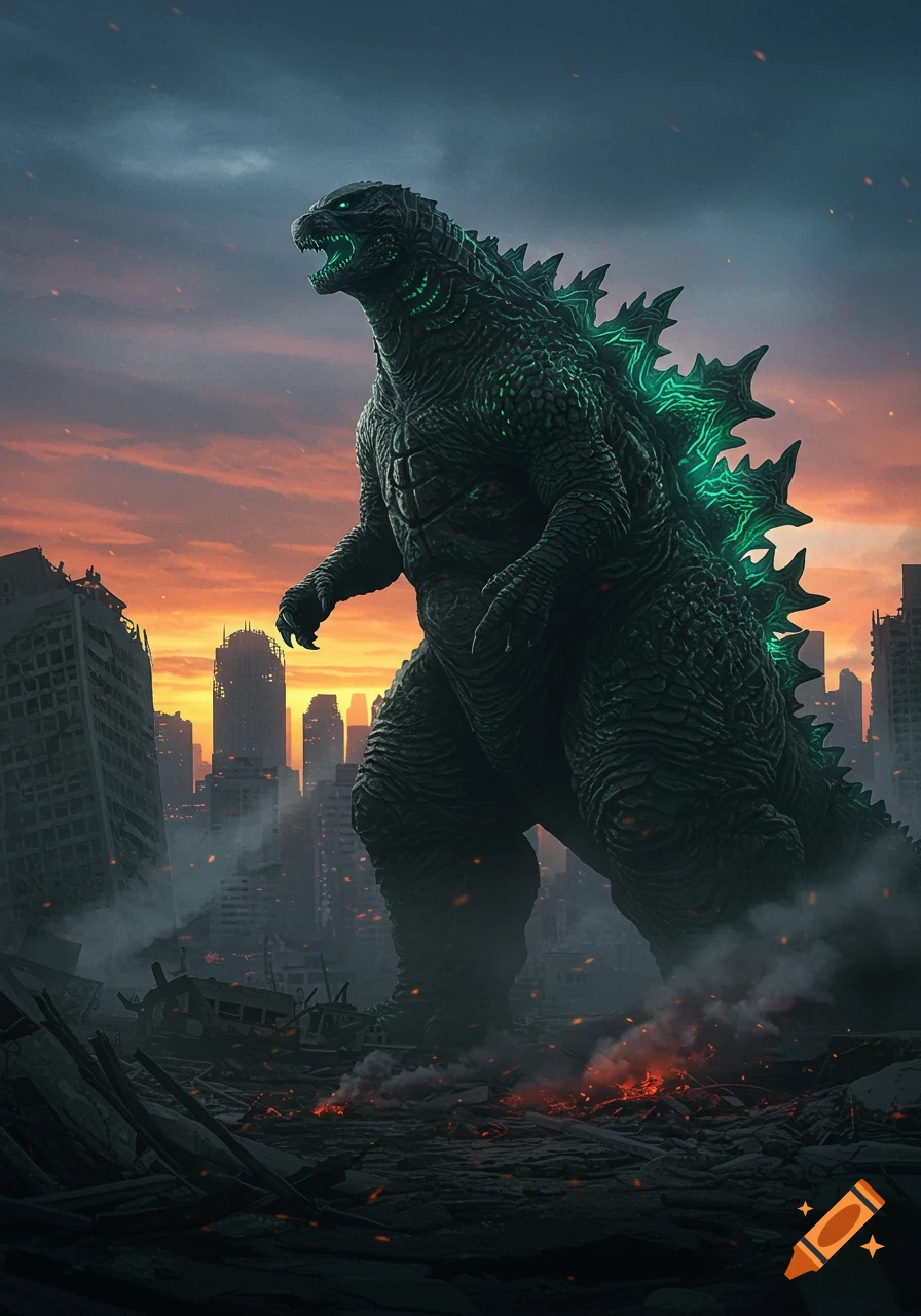 Giant Godzilla with glowing green spines roars in a destroyed city at sunset.