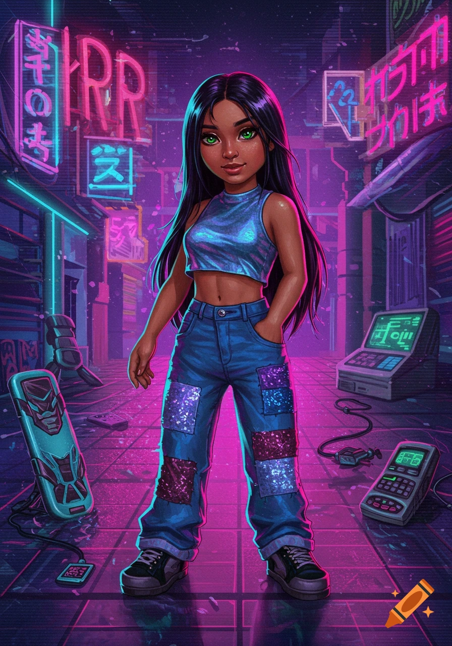 A young girl with dark hair and green eyes in a metallic blue crop top and patched jeans stands in a neon-lit cyberpunk alley.