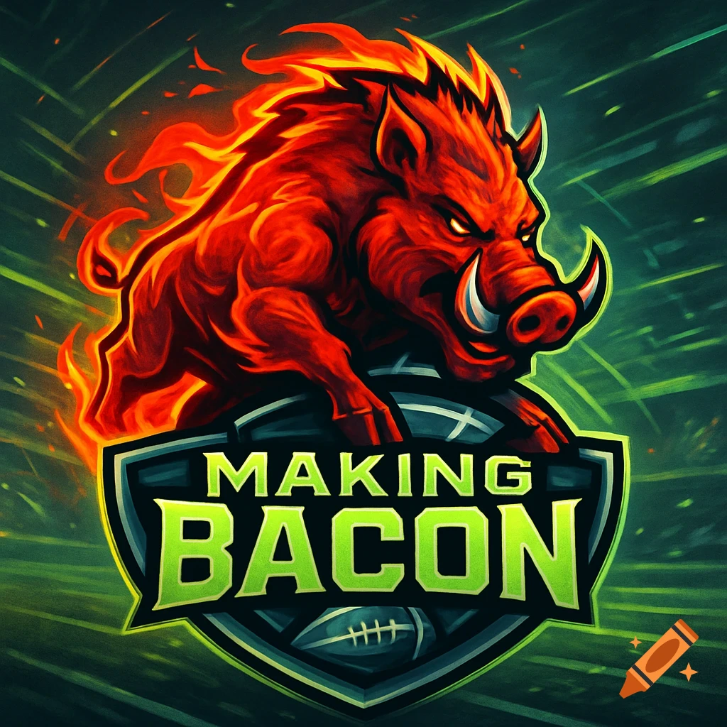 A fierce, flaming red boar mascot stands on an American football shield logo that reads 'MAKING BACON' in a vibrant digital art style.