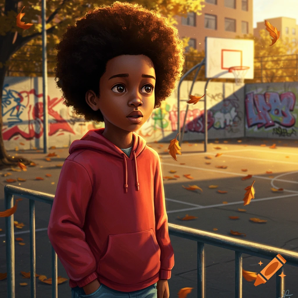 A young Black boy with an afro stands in a sunlit outdoor basketball court with graffiti walls, autumn leaves falling around him.