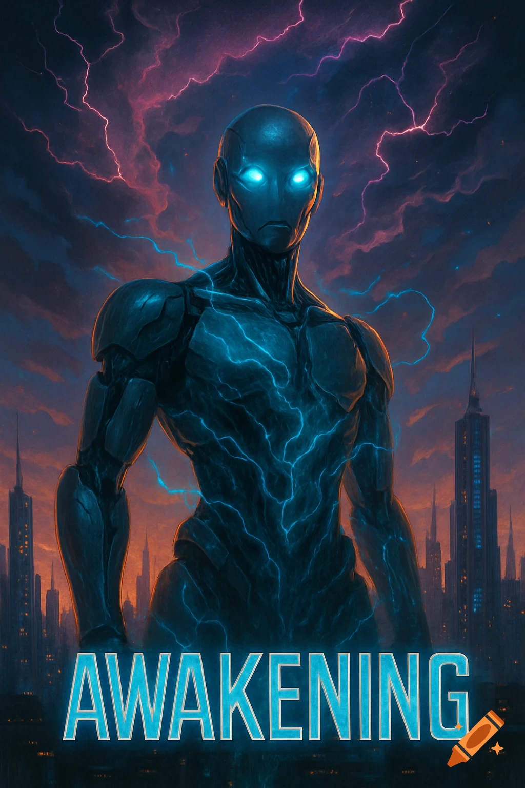 A humanoid robot with glowing eyes stands in a futuristic city under a stormy sky with lightning, digitally painted.