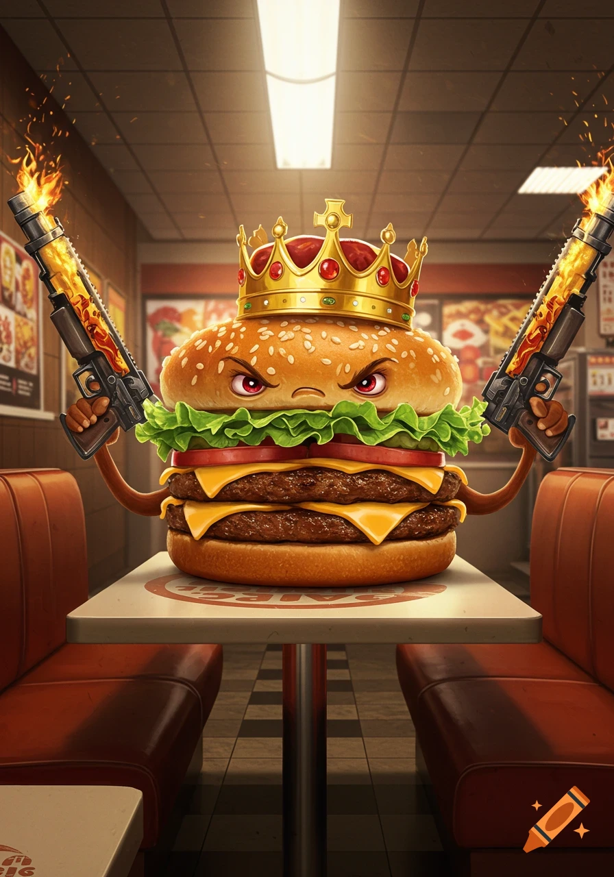 An angry, cartoonish burger wearing a gold crown holds two flaming guns in a restaurant booth.