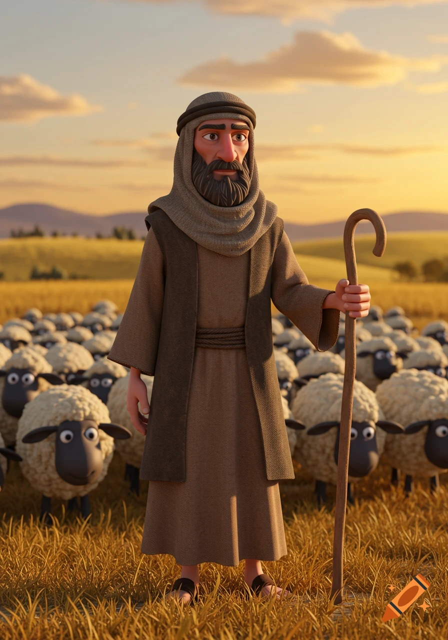 A 3D animated cartoon shepherd with a beard and robes stands in a golden field holding a cane, with a large flock of sheep behind him.