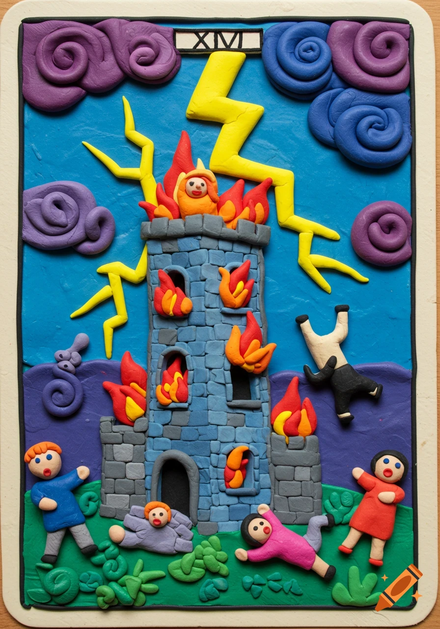 A colorful play-doh rendition of The Tower tarot card (XVI), depicting a burning tower struck by lightning with figures falling.