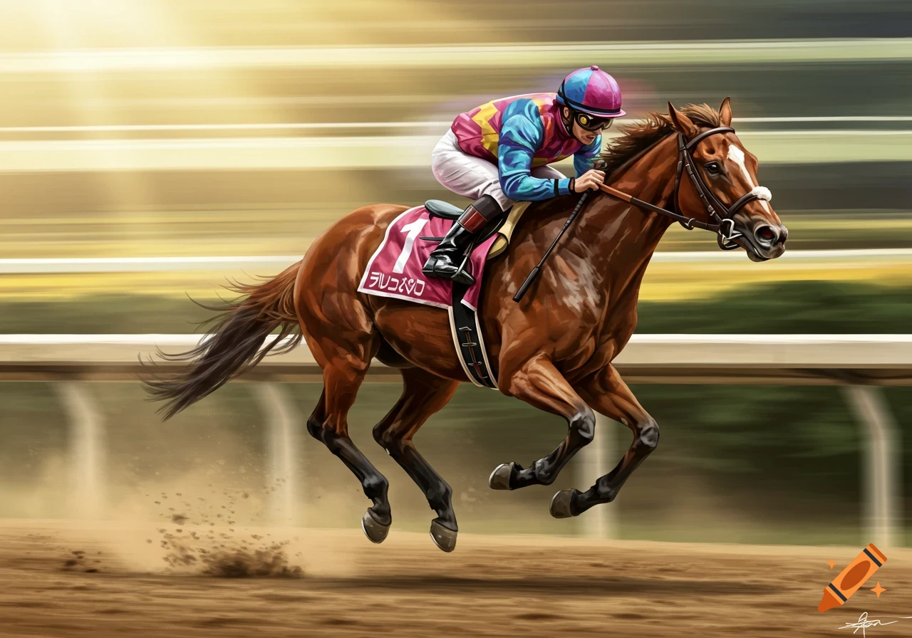 A jockey on a brown race horse gallops on a dirt track, with a motion-blurred background.