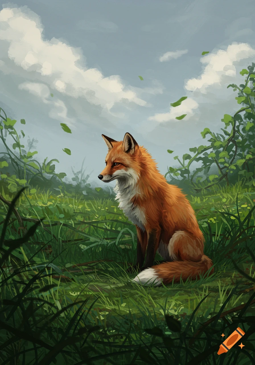 A red fox sits alone in a lush green field under a cloudy sky, looking off to the side.