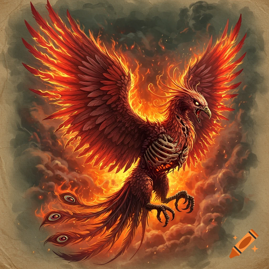 A vibrant, zombified phoenix with fiery red and orange wings spreads its wings amidst smoke and embers, showcasing an exposed ribcage, in a detailed illustrative style.