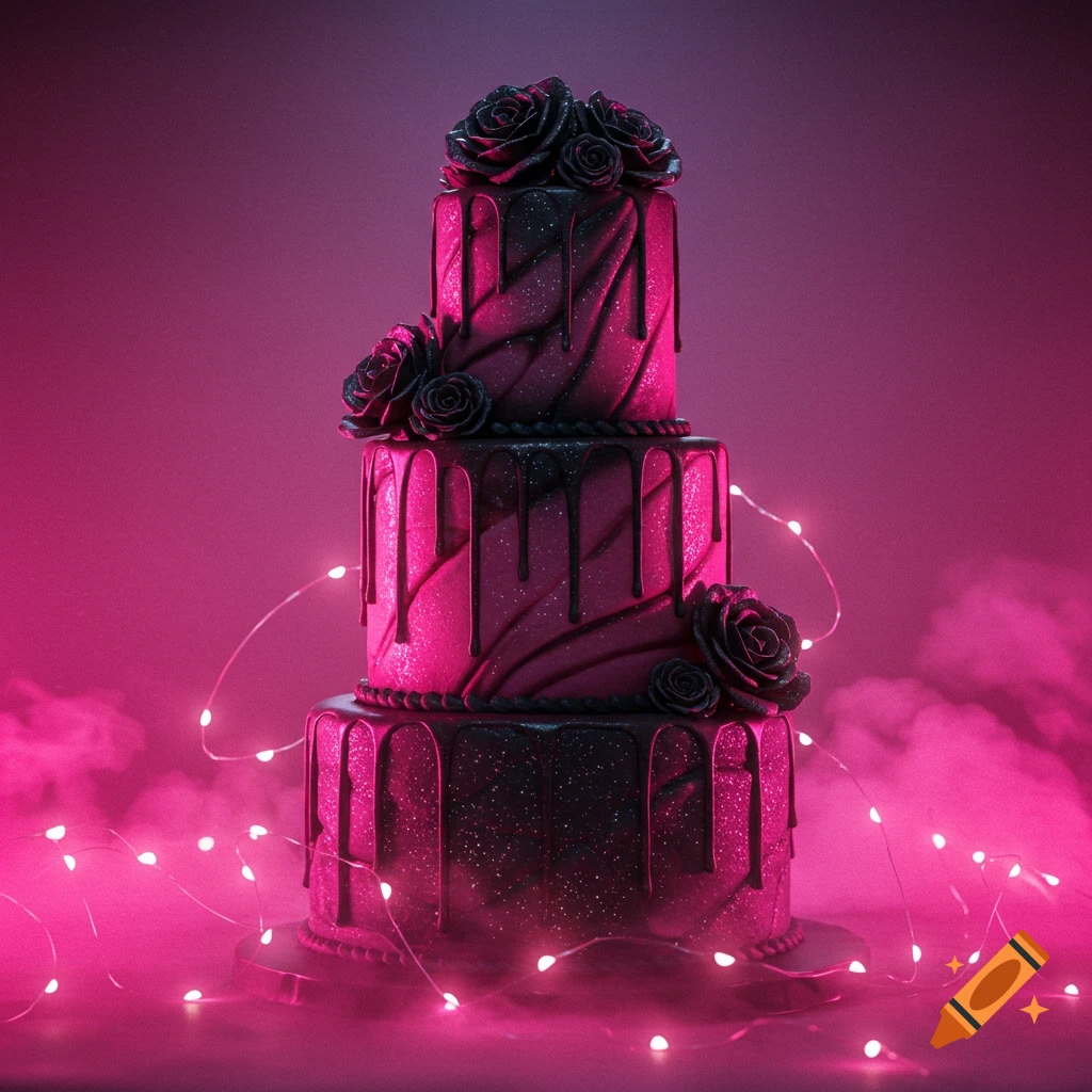 A three-tiered black cake with pink glitter and black dripping icing, adorned with black roses. Pink string lights and smoke surround the base, set against a vibrant pink background.