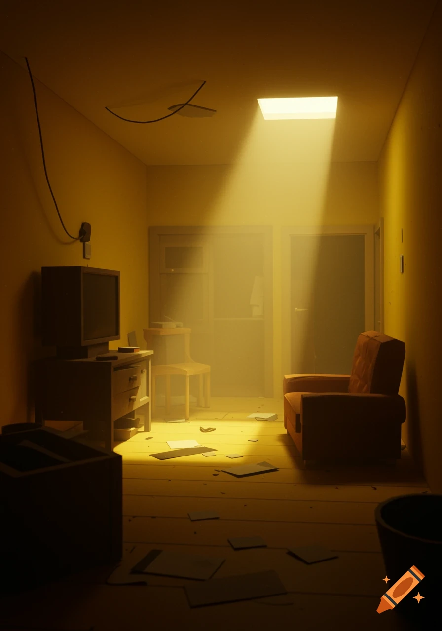 Low poly 3D render of a dimly lit, abandoned room with mustard yellow walls, sun rays from a skylight, and scattered papers on the floor.