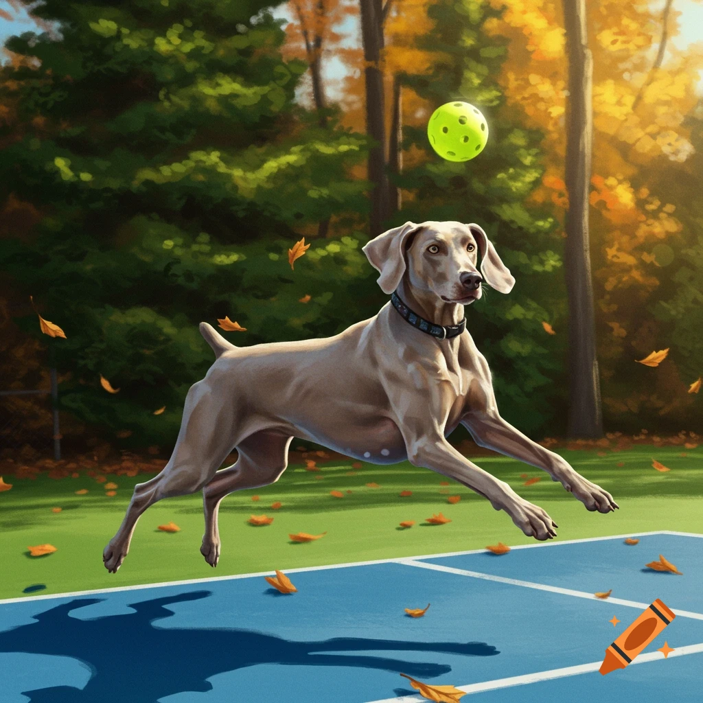 A painted Weimaraner dog leaps high on a pickleball court, reaching for a bright yellow pickleball. Autumn leaves are scattered around.