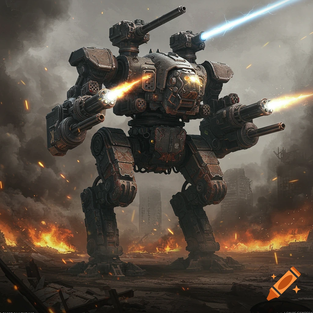 A colossal, heavily armored mech with multiple weapons fires plasma and laser beams on a ruined battlefield filled with smoke and fire.