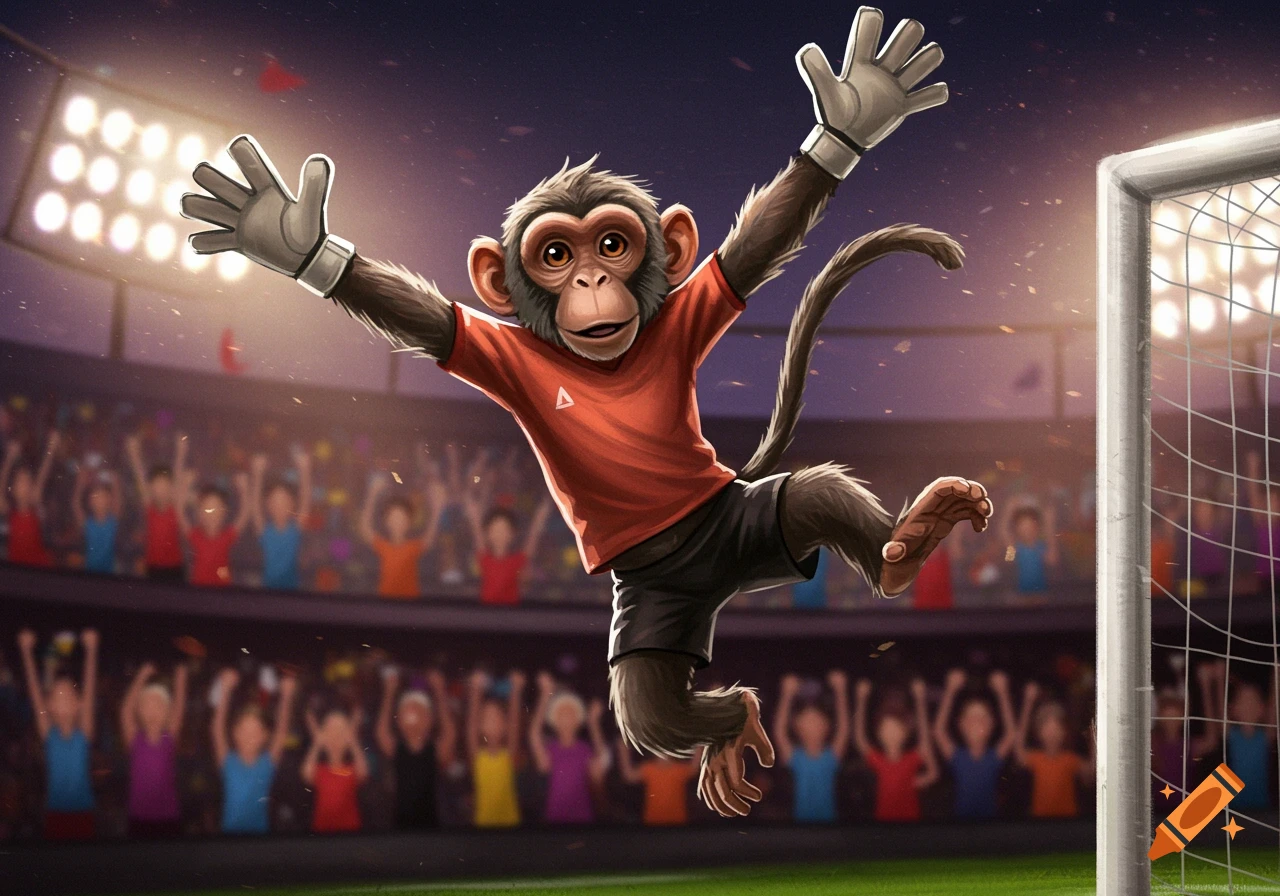 Cartoon monkey goalkeeper in red jersey and gloves jumps in front of a soccer goal in a stadium.