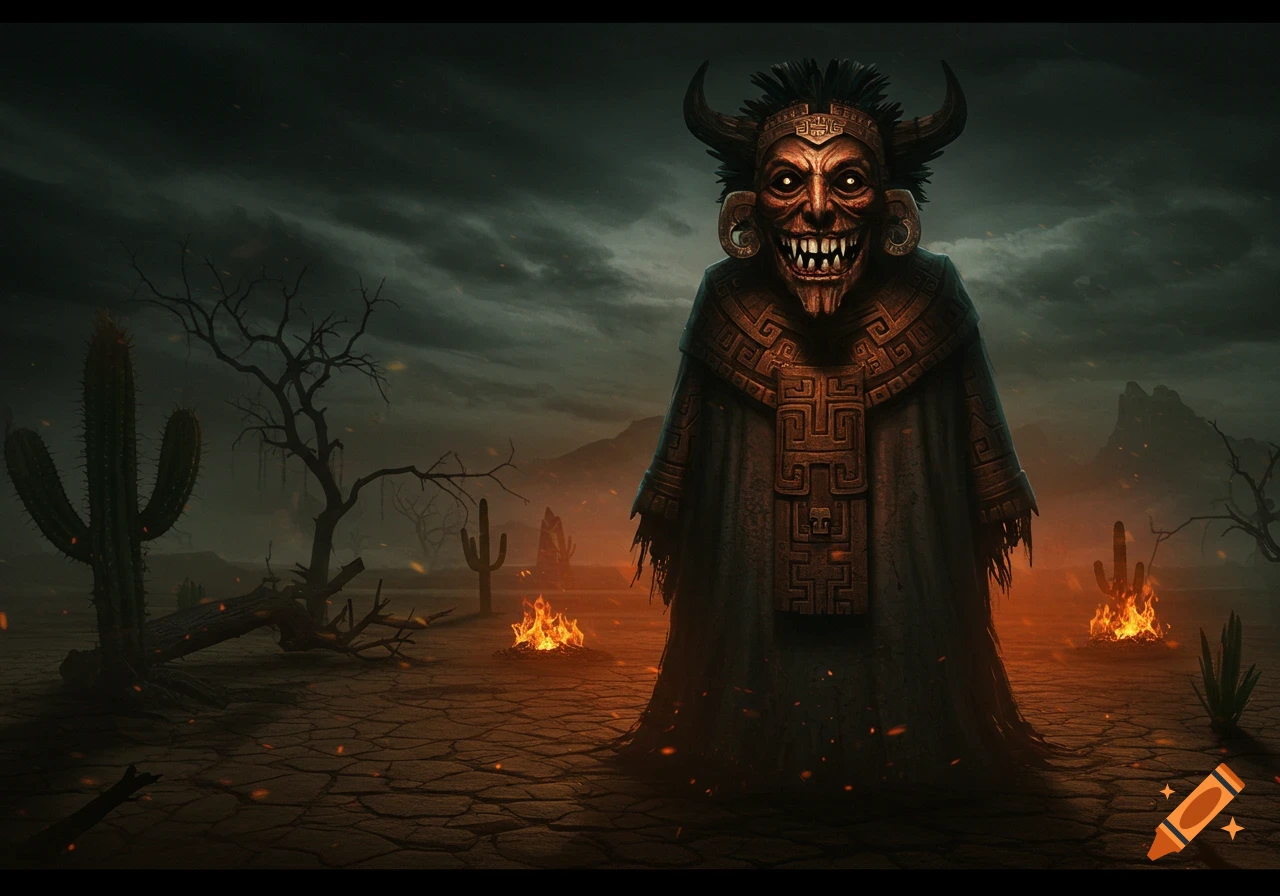 A tall, horned demon with glowing eyes and a wide, toothy grin stands in a desolate desert landscape under a stormy sky, with cacti and fires.