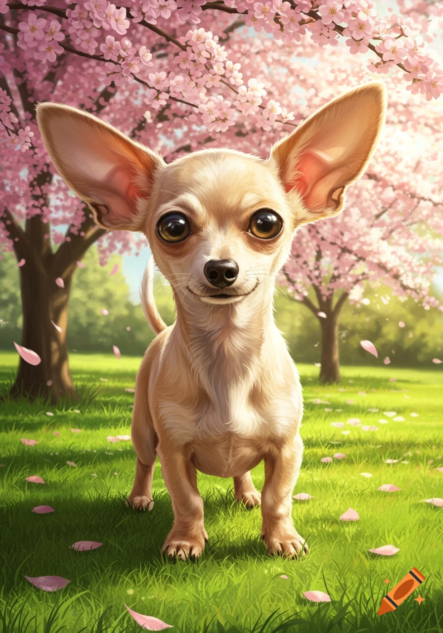A small chihuahua stands in a grassy field under blooming cherry blossom trees.