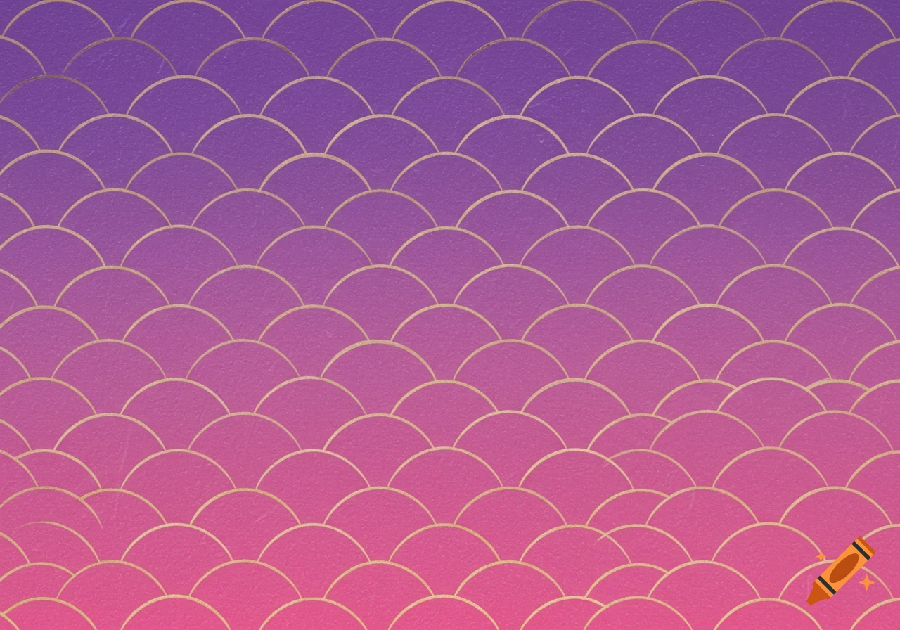 A repeating scallop pattern in gold on a wall with a violet to pink gradient.