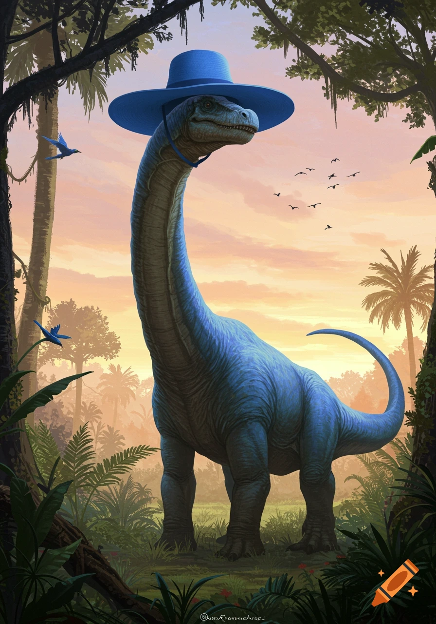 A large blue brachiosaurus wearing a blue hat stands in a lush jungle at sunset, with birds flying.