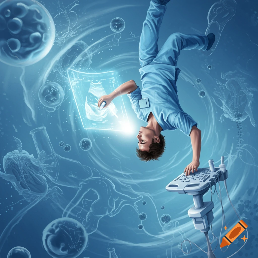 Illustrated doctor upside down using a glowing ultrasound in a swirling blue, cellular environment.