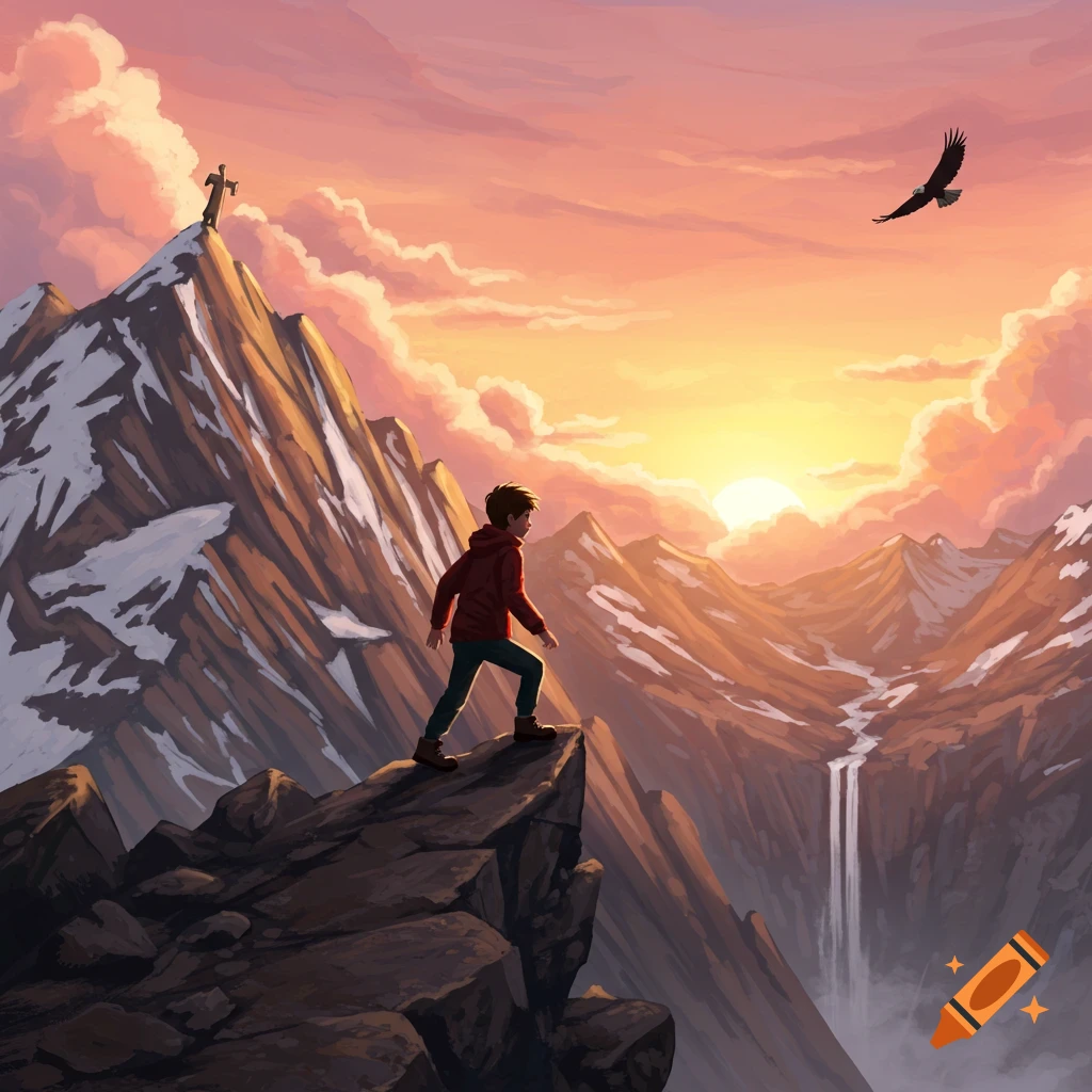 Illustrative image of a boy on a mountain peak, looking at a sunset mountain range with a waterfall, eagle, and distant crucifix.