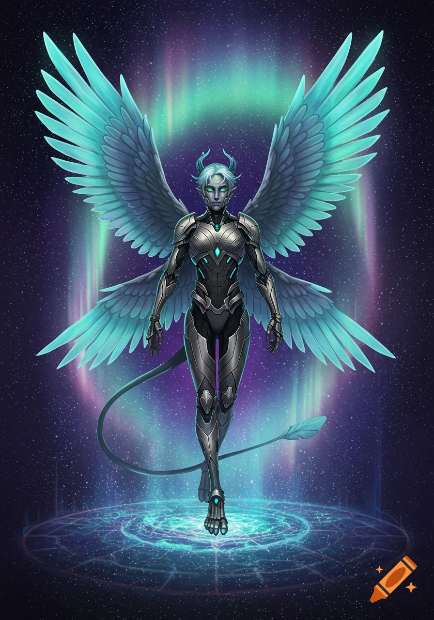 A winged humanoid character with horns and a tail, in futuristic armor, stands on a glowing symbol against a starry, aurora-lit sky.