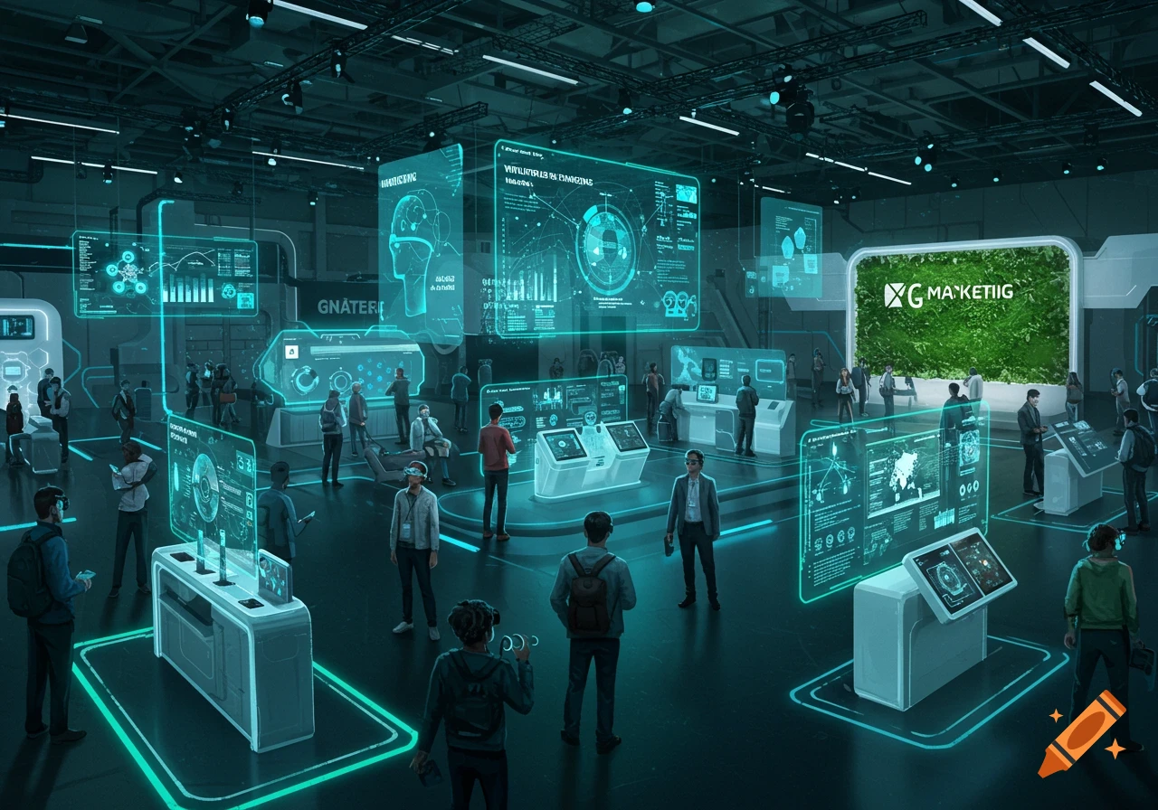 A bustling futuristic marketing conference scene with attendees interacting with glowing holographic displays and augmented reality technology.